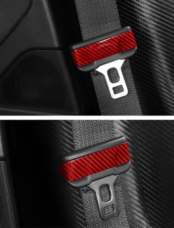 close up detail of Tesla Model 3/Y red Carbon Fiber Seat Belt Covers