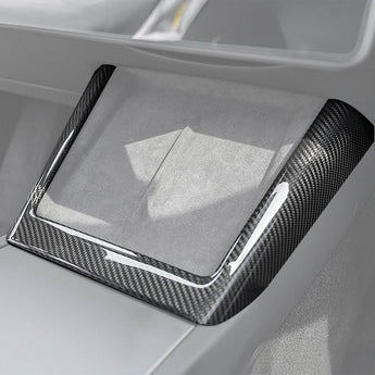 Carbon Fiber Wireless Charging Pad Frame Overlay installed on Tesla Model 3 Highland
