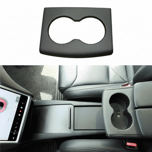 Carbon fiber cup holder cover trim with dual cutouts and black weave finish