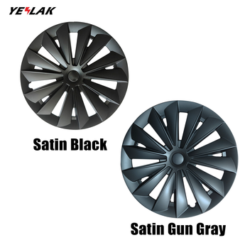 Cyclone-style Tesla Model Y hubcap wheel covers in satin black and satin gun gray