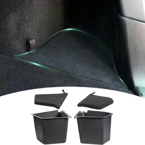 Rear trunk side storage bin placement with optional green guide line, black trays