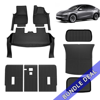 Black custom-fit floor mat set with ribbed surface and multiple front and rear mats