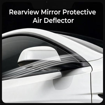 Side mirror rain guard installed beneath the white Tesla Model Y Juniper mirror, showing the full-coverage design.