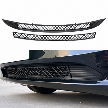 Black front bumper grille mesh insert for Tesla, shown separately and installed on the lower front bumper