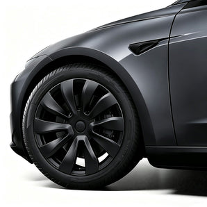 Silver and black 18-inch Prismata wheel cover fitted to Tesla Model 3 Standard factory wheel