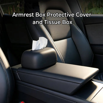 Black two-piece magnetic tissue box and armrest protective cover installed on the center console of a Tesla Model 3, Model Y, or Model Y L.
