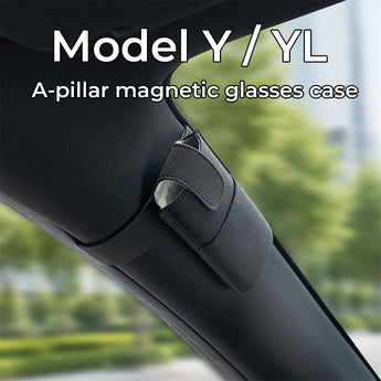 Magnetic sunglasses case mounted on the A-pillar of a Tesla Model Y, featuring a black interior-matching design.