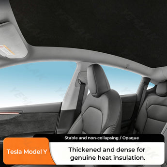 Black faux suede Tesla Model Y Juniper roof sunshade with OEM-style interior finish