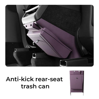 Purple anti-kick rear seat trash can installed in Tesla Model Y Juniper