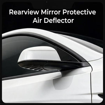 Side mirror rain guard installed beneath the white Tesla Model Y Juniper mirror, showing the full-coverage design.