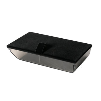Hidden center console storage box with black felt-covered lid for Tesla Model Y Juniper and Model Y L.