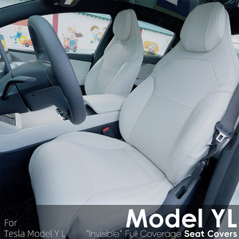 White leather full-coverage seat covers installed on the front seats of Tesla Model Y L.