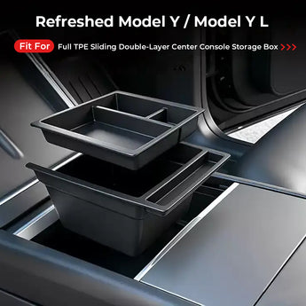 TPE sliding double-layer center console storage box for refreshed Tesla Model Y and Model Y L, 2025–2026 and newer, with removable upper tray and spacious lower compartment.