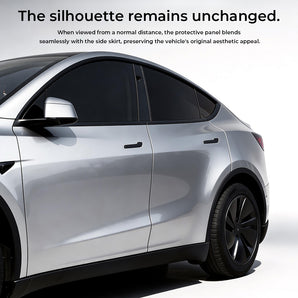 Low-profile rocker panel guards on Tesla Model YL preserving the factory side profile