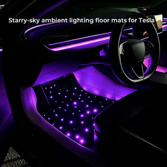 Black starlight LED floor mat with colorful fiber optic lighting installed in a Tesla driver's footwell.