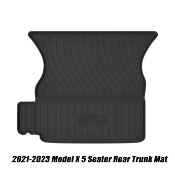 Black TPE rear trunk mat with ribbed grip texture and centered Model X logo