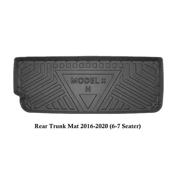 Black TPE rear trunk mat with geometric channel pattern and Model X emblem