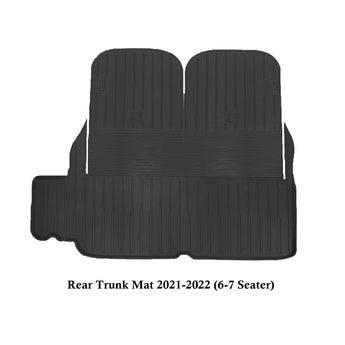 Black TPE rear trunk mat with vertical ridge texture and Model X logo badge