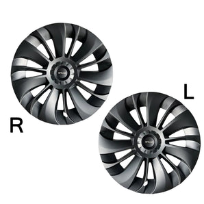Pair of black and silver 19-inch wheel covers labeled R and L, multi-spoke