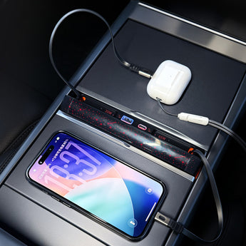 65W USB Hub with Retractable Cables & Ambient Light for 2024-2026 Tesla Model 3 & Model Y Juniper