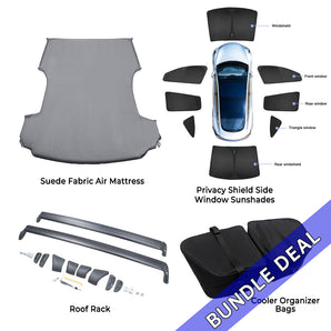 Bundle: Ultimate Camping Kit for Tesla Model 3 & Y (2017–2025+) – Mattress, Frunk Cooler, Roof Rack & Privacy Shades