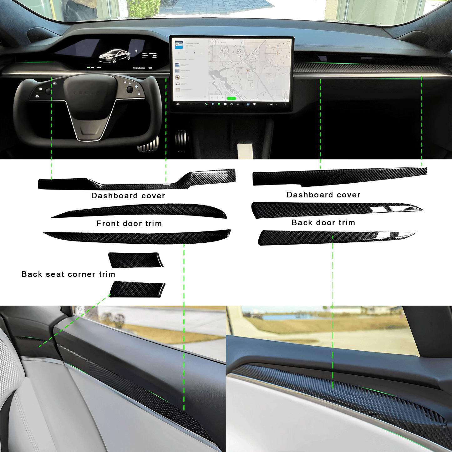 Carbon Fiber Dashboard & Door Trims For 2021+ Tesla Model S / X