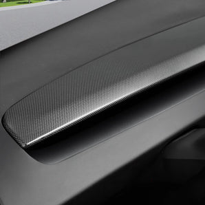 Detail of glossy Carbon Fiber Dash Panel for Model 3 Highland