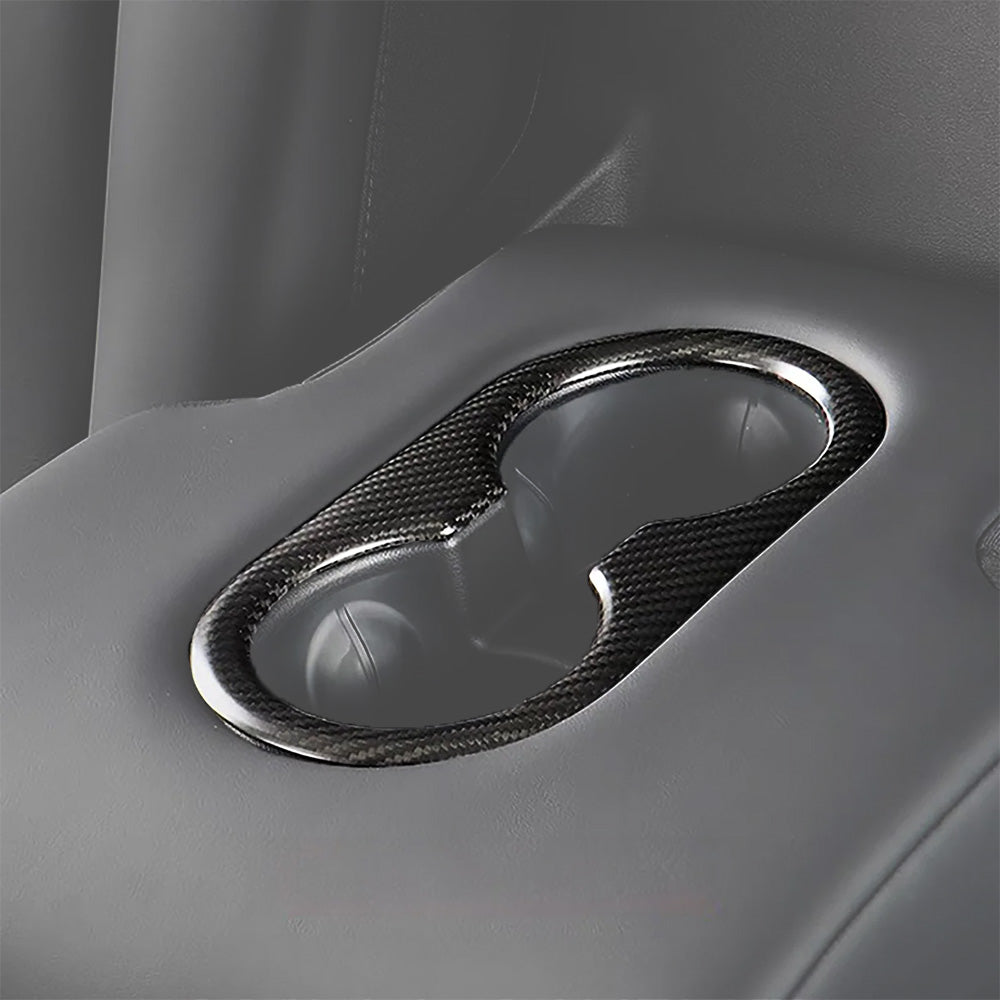 Carbon Fiber Back Seat Cup Holder Cover for Tesla Model 3 & Model Y – Sleek, High-Gloss Finish & Precision Fit