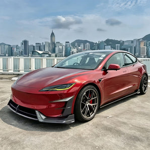 Close-up of real carbon fiber front air intake trim for Tesla Model 3 Highland
