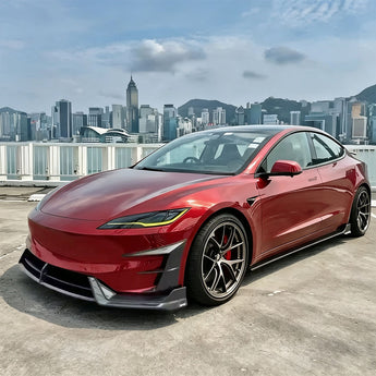 Close-up of real carbon fiber front air intake trim for Tesla Model 3 Highland