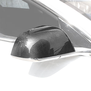 Glossy Dry Carbon Fiber Mirror Cap installed on Tesla Model 3/Y 
