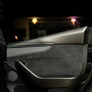 Carbon fiber door trim cover with subtle green ambient light line in a dark interior.