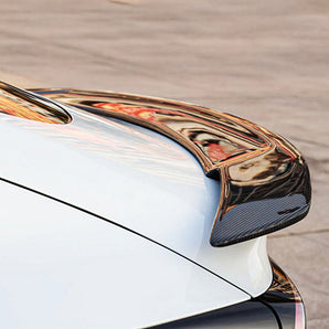 Side view of RT-Style Real Carbon Fiber Spoiler Wing installed on 2024+ Tesla Model 3 Highland
