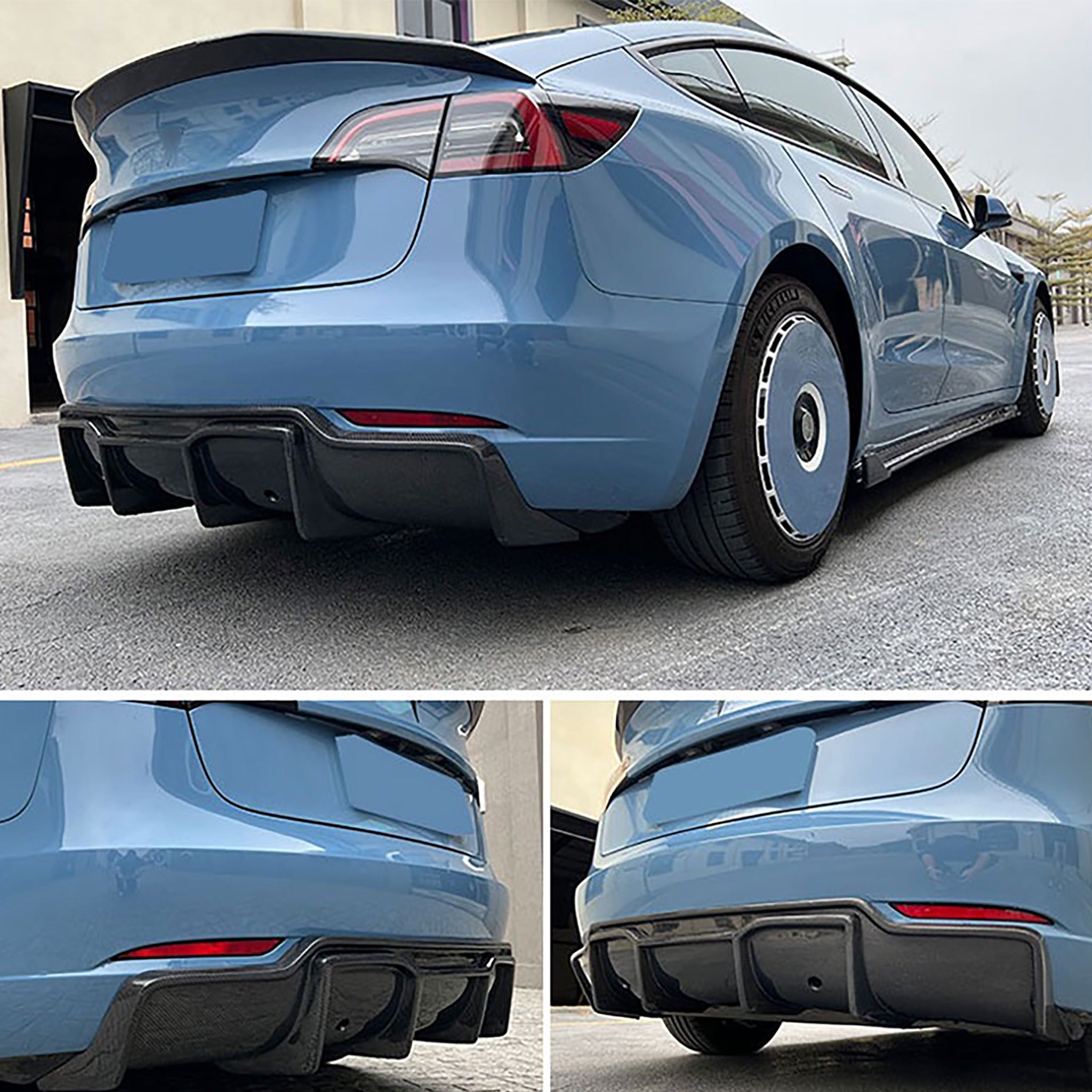 Real Carbon Fiber V-Style Rear Diffuser For Tesla Model 3 2017-2023