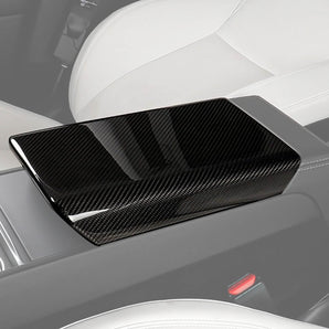 Glossy Carbon Fiber Armrest Box Cover installed on Tesla Model 3 Highland