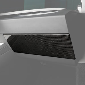 View of Carbon Fiber Glove Box Cover installed on Tesla Model Y/3 Juniper 
