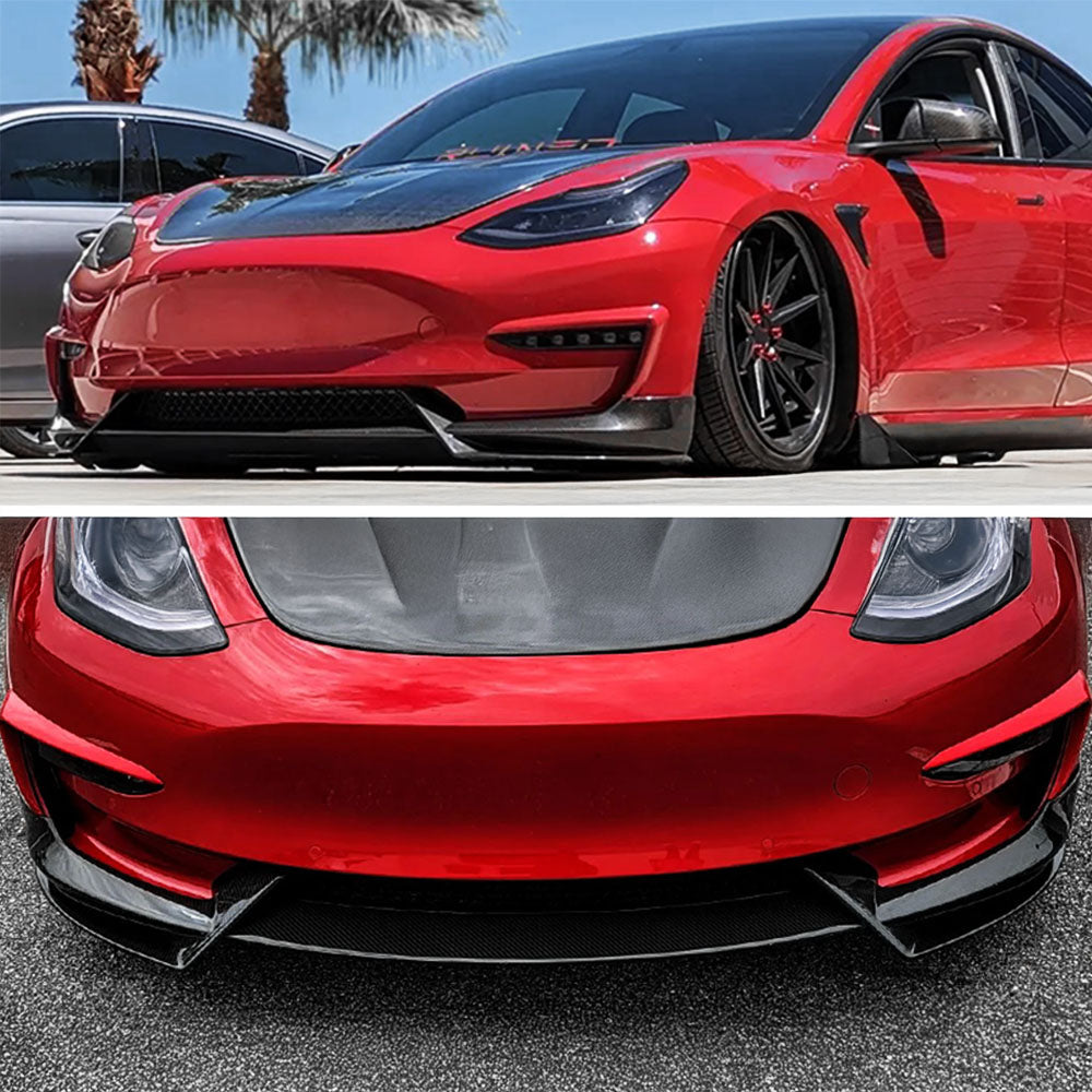 Sporty Front Lip Spoiler for Tesla Model 3 (2017-2023.09) | ABS Plastic Body Kit in Glossy/Matte Black & Carbon Fiber