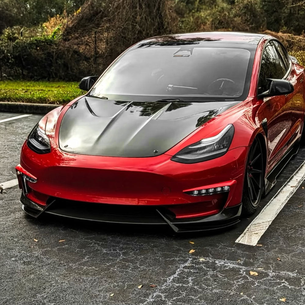 Sporty Front Lip Spoiler for Tesla Model 3 (2017-2023.09) | ABS Plastic Body Kit in Glossy/Matte Black & Carbon Fiber