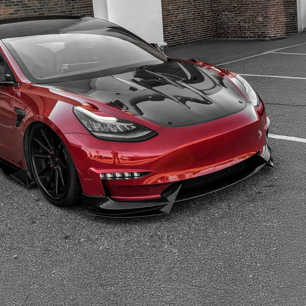Sporty Front Lip Spoiler for Tesla Model 3 (2017-2023.09) | ABS Plastic Body Kit in Glossy/Matte Black & Carbon Fiber
