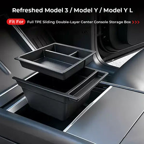 TPE Sliding Double-Layer Center Console Storage Box for Tesla Model 3/Y/YL (2024-2026)