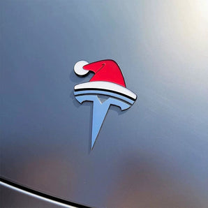 Tesla Christmas Emblem Santa Hat Stickers – 3D Waterproof Holiday Decor for Model S3XY & Cybertruck