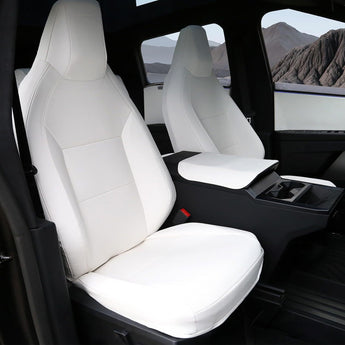 White leather front seat cover with stitched panels and headrest, installed