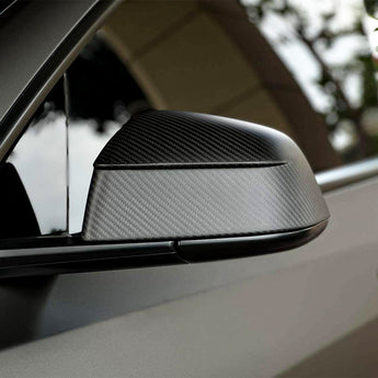 Front view of Carbon Fiber Mirror Cap installed on Tesla Model Y Juniper 