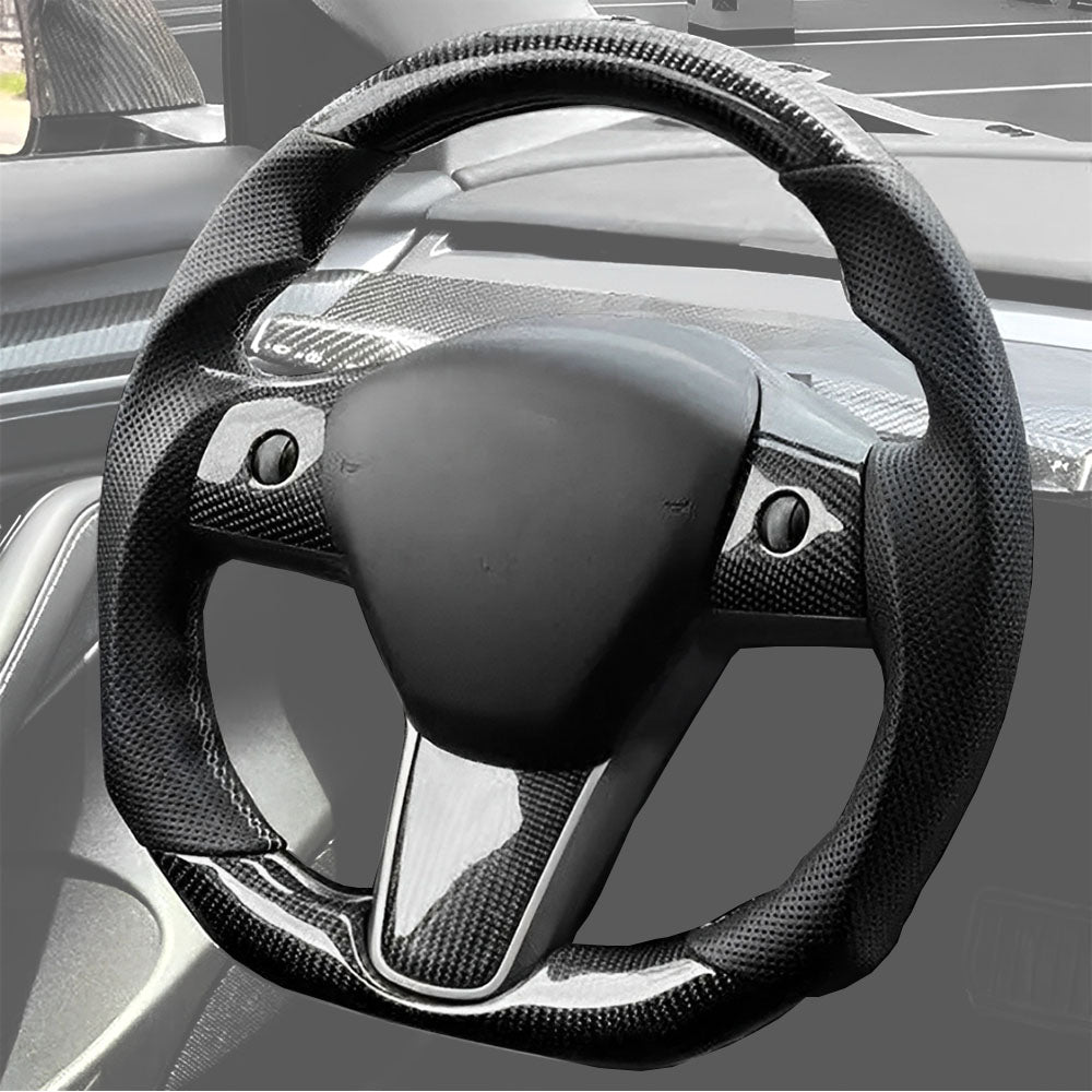 Tesla Sporty Carbon Fiber Steering Wheel for Model 3 & Y - Racing Style | Better Grip for Safer Driving