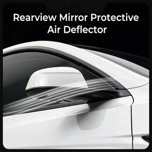 Side mirror rain guard installed beneath the white Tesla Model Y Juniper mirror, showing the full-coverage design.