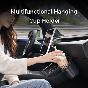 Close-up of Tesla hanging cup holder with flexible silicone inner lining and sturdy PP outer shell