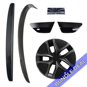 Tesla Model Y Juniper Premium Performance Style Upgrade Bundle featuring matte carbon fiber rear spoiler, dashboard replacement, Arachnid 2.0 wheel covers, gloss black fog light trim and 3D alloy Performance badge.