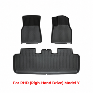 Black all-weather floor mats for right-hand-drive Tesla Model Y, including front and rear liners