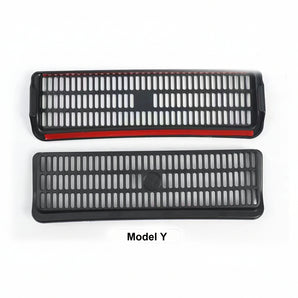 Set of two black under-seat vent covers with red trim and slotted grille